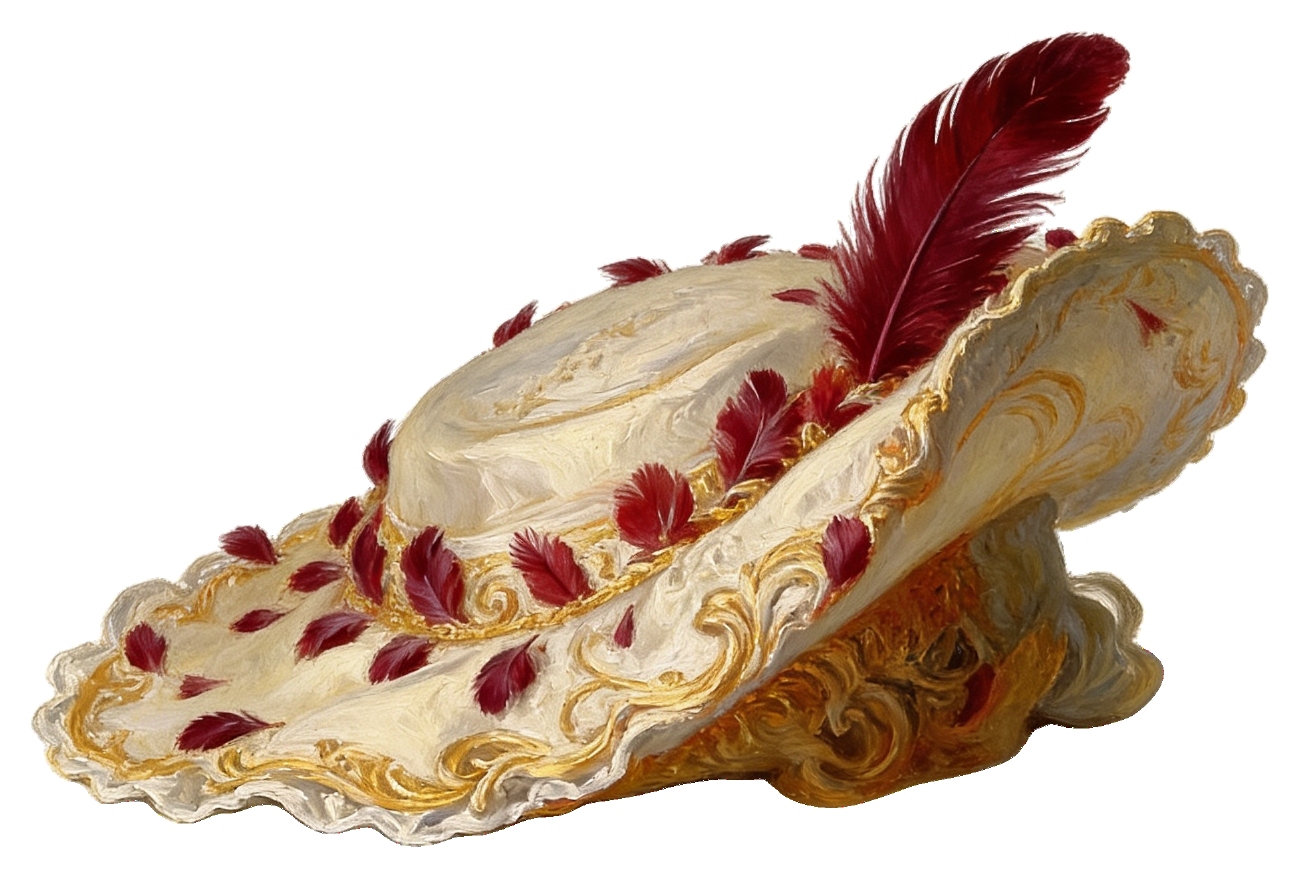 A Rococo hat with a red feather.