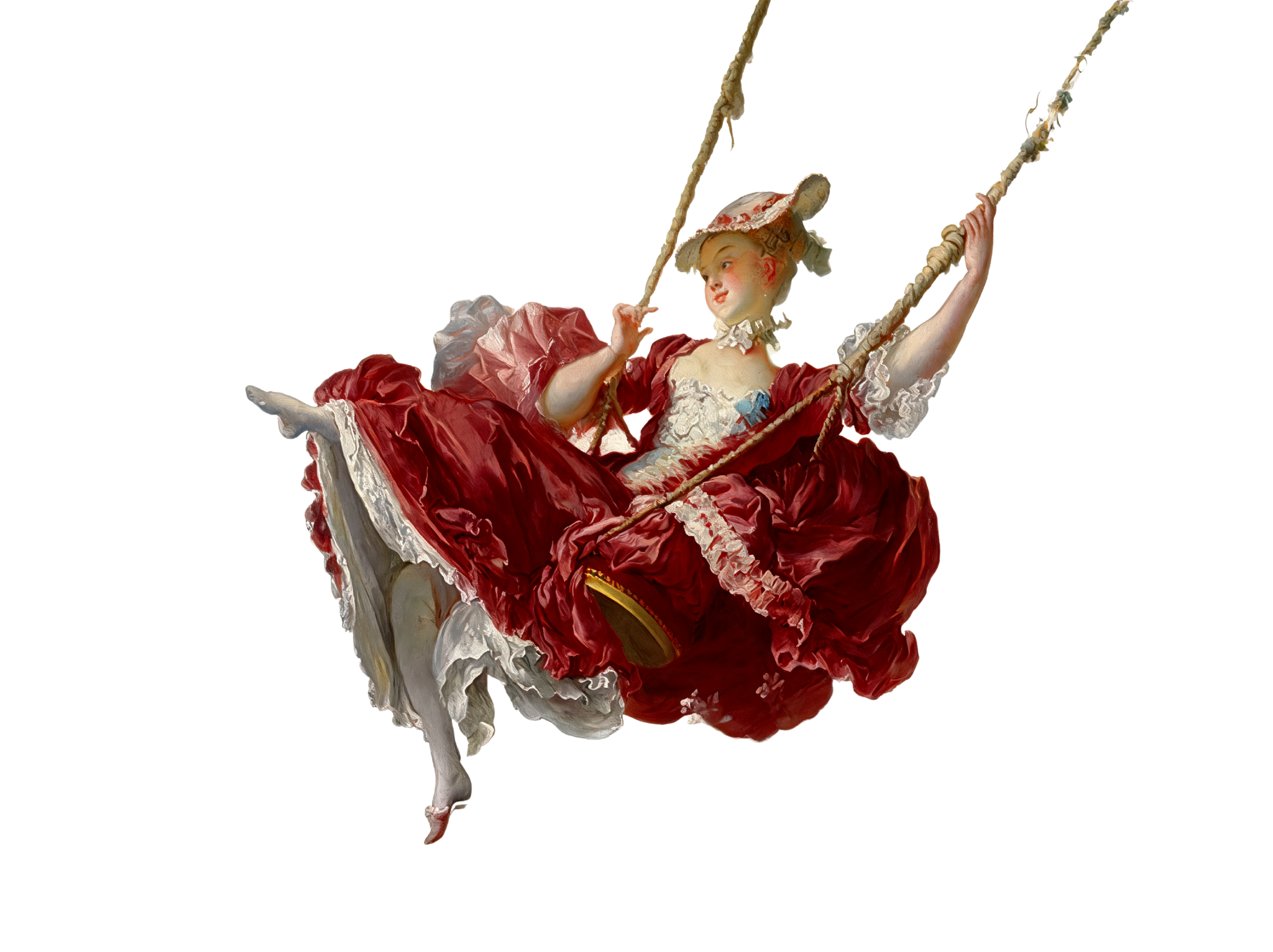 A woman in a red Rococo gown on a rope swing, mid-air.